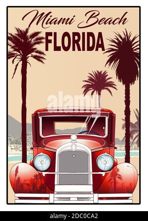 Affiche Florida, Miami avec vieille voiture - illustration vectorielle Illustration de Vecteur