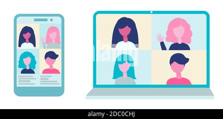 Vidéoconférence en ligne sur ordinateur et application mobile. Concept de réunion virtuelle. Groupe de personnes sur l'écran du téléphone et de l'ordinateur portable parler, communication en ligne Illustration de Vecteur