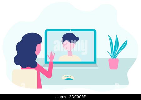 Vidéo conférence. Concept de réunion virtuelle. Les personnes qui parlent sur l'écran de l'ordinateur. Concept de vecteur de communication en ligne en conception plate. Illustration de Vecteur