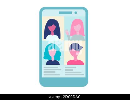 Vidéoconférence en ligne sur l'application mobile. Concept de réunion virtuelle. Groupe de personnes sur l'écran du téléphone parler, communication en ligne, éducation, à distance Illustration de Vecteur