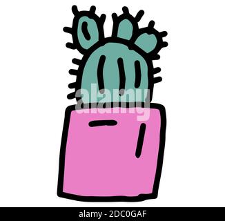 Cactus mignon en pot, dessin à la main. Plante de maison colorée dans le style de la caniche. Illustration vectorielle isolée sur fond blanc. Illustration de Vecteur