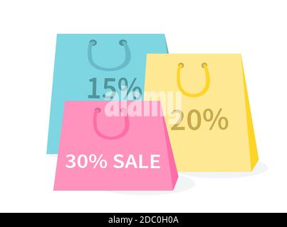 Vente, forfaits jaune, rose, bleu, sacs avec les rabais d'inscription. Illustration vectorielle dans une conception plate isolée sur un arrière-plan blanc. Illustration de Vecteur