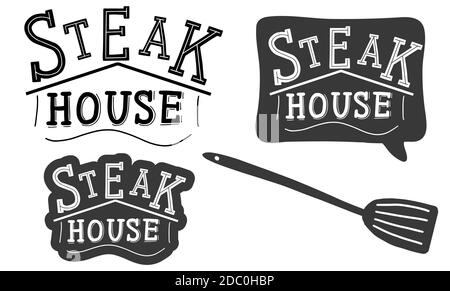 Steak House. Des modèles de logo sont mis en place pour le restaurant grill. Illustration de la calligraphie lettrage. Autocollant noir à la brosse manuscrite avec texte isolé Illustration de Vecteur