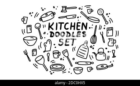 itchen doodles itchen itchen. Lignes dessinées à la main cuisine outils et appareils de cuisine, ustensiles de cuisine, utensil caricature collection d'icônes. Illustration KVector. Illustration de Vecteur