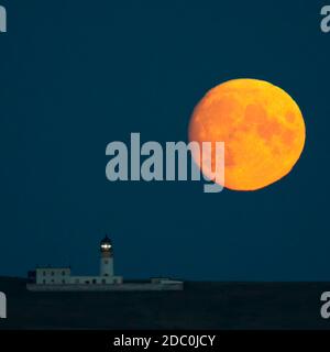 Pleine lune en août se levant derrière le phare de Copinsay, Orkney Banque D'Images