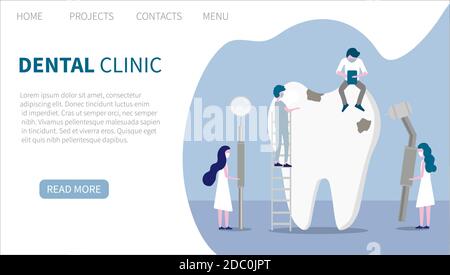 Modèle de page d'arrivée avec les petits médecins qui traitent les dents géantes avec des caries. Concept de dentisterie, dentaire et médecine. Illustration vectorielle à plat Illustration de Vecteur