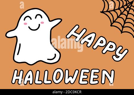 Joyeux Halloween. Citation lettering pour cartes de vœux, voeux de vacances. Texte avec un fantôme dans le style Doodle.Illustration vectorielle de dessin animé sur un orange Illustration de Vecteur
