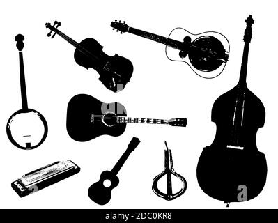 Une collection d'instruments de musique bluegrass typique en silhouette sur un fond blanc Banque D'Images