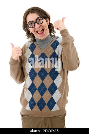 Geek man passe Thumbs up, isolated on white Banque D'Images