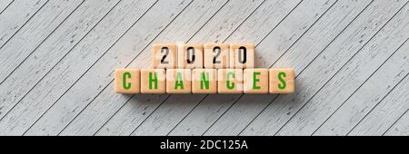 Cubes avec message 2020 CHANCES sur fond de bois - 3d illustration Banque D'Images
