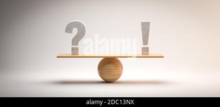 balance en bois équilibrant un point d'interrogation et un point d'exclamation sur fond blanc - illustration 3d Banque D'Images