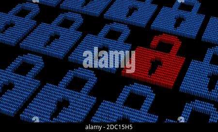 Concept de sécurité - plusieurs cadenas fermés bleus et un rouge ouvert composé de code binaire - disposés en bloc sur fond noir Banque D'Images