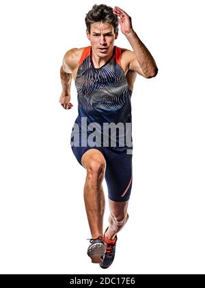 un jeune caucasien pratiquant l'athlétisme coureur de course sprinter sprrinting en studio isolé sur fond blanc Banque D'Images