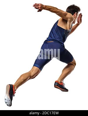 un jeune caucasien pratiquant l'athlétisme coureur de course sprinter sprrinting en studio isolé sur fond blanc Banque D'Images