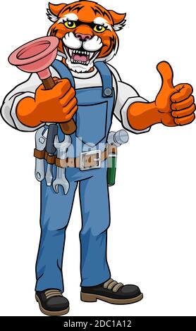 Poussoir de maintien Tiger Plumber Cartoon Mascot Illustration de Vecteur