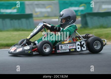 PF International Kart circuit Brandon Lincolnshire England, un jeune George Russell pratiquant avant sa carrière de karting junior. Banque D'Images