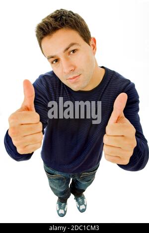 Jeune homme passe Thumbs up in a white background Banque D'Images