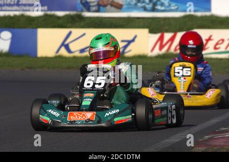 PF International Kart circuit Brandon Lincolnshire England, un jeune George Russell course comme un novice dans sa carrière de karting. Banque D'Images