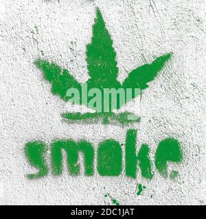 Symbole de feuille de marijuana sur le mur grundy avec message « moke » Banque D'Images