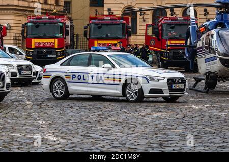 Voiture de police Audi moderne, police roumaine (Politia Rutiera) dans une intervention spéciale à Bucarest, Roumanie, 2020. Banque D'Images