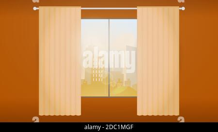 Vue sur la ville moderne de jour depuis la fenêtre avec rideaux. Éclairage allumé dans la pièce. Paysage urbain moderne, horizon. Illustration vectorielle dans un style plat Illustration de Vecteur