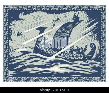 Design viking. Drakkar naviguant dans une mer orageux. Dans le cadre du motif scandinave Illustration de Vecteur