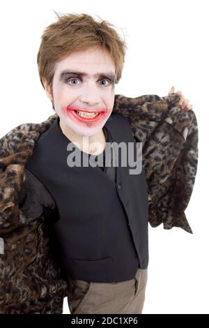 Jeune homme habillé comme joker, isolated on white Banque D'Images