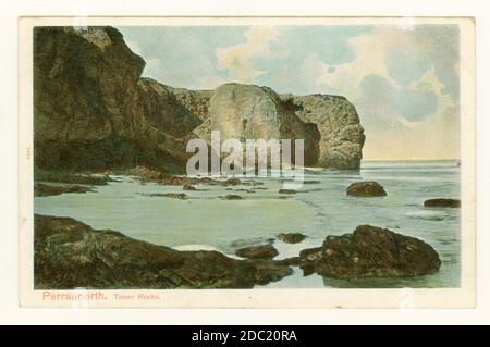 Carte postale couleur teintée du début des années 1900, Tower Rocks, Perranporth, Cornwall, 1908 Banque D'Images