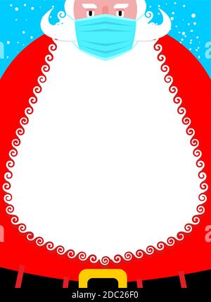 Le Père Noël en masque médical de protection contre le coronavirus. Protection COVID-2019. Étiquettes cadeau de carte postale. Grande barbe blanche avec espace pour le texte. Caractère nouvelle année Illustration de Vecteur