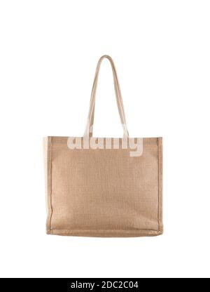 Sac à provisions jute isolé sur fond blanc avec passe-cheveux Banque D'Images
