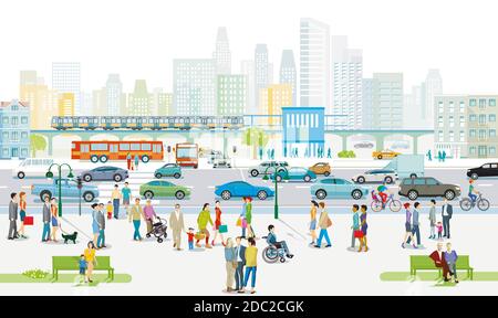 Silhouette de ville avec des gens sur le trottoir et la circulation routière, illustration Banque D'Images