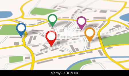 Carte générique de la ville avec des icônes colorées Banque D'Images