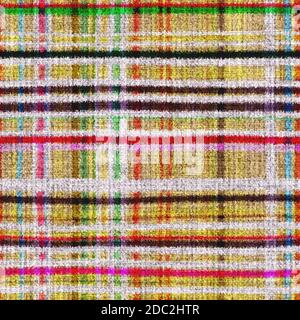 Texture tissée de tapisserie multicolore variégée. Arrière-plan à carreaux tricotés avec effet aquarelle teint par espacement. Tissu textile flou et fin. Touffeté Banque D'Images