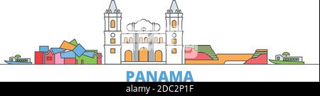 Panama line paysage urbain, vecteur plat. Monument de la ville de voyage, illustration d'oultine, icônes du monde de ligne Illustration de Vecteur