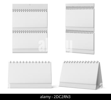Calendriers muraux et de bureau avec pages en spirale et vierges isolées sur fond blanc. Maquette vectorielle réaliste d'un calendrier en papier blanc, d'un planificateur de bureau ou d'un bloc-notes debout sur une table ou suspendu au mur Illustration de Vecteur