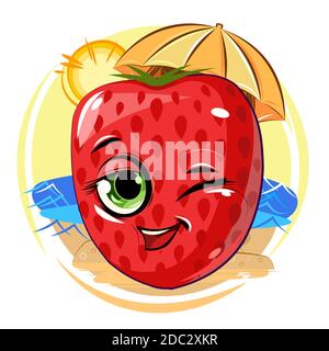 Sourire aux fraises. Clin d'œil. Détente sur la plage au soleil. À l'ombre d'un parapluie. Baie rouge juteuse avec un visage. Style de dessin animé. Isolé sur fond blanc. Illustration vectorielle. Illustration de Vecteur