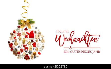 Boule de Noël avec décoration et ornements de Noël Vairous. Texte allemand Frohe Weihnachten und Ein Gutes Neues Jahr signifie Joyeux Noël et UN Banque D'Images