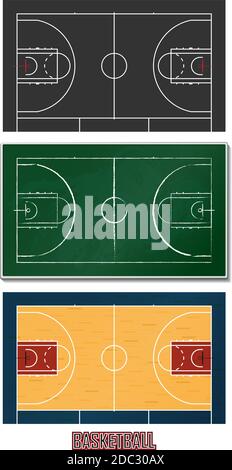 Mettez en place les ballons de basket-ball. Terrain de basket-ball en bois, tableau noir et jeux de cartes. Vue de dessus. Illustration vectorielle Illustration de Vecteur