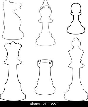 Ensemble de lignes vectorielles de pièces d'échecs d'esquisse noires. Collection complète de figurines d'échecs Illustration de Vecteur
