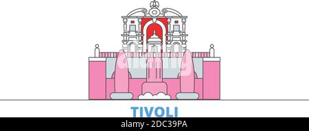 Italie, Tivoli, Villa d'este ligne paysage urbain, vecteur plat. Monument de la ville de voyage, illustration d'oultine, icônes du monde de ligne Illustration de Vecteur