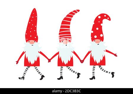 Ensemble de jolis gnomes de noël dans des chapeaux amusants et tenant les mains. Illustration vectorielle des elfs du nord, dessin animé des nains scandinaves. Éléments de Noël pour Illustration de Vecteur