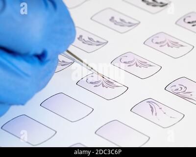 Formation à la peinture de monogrammes pour la manucure. Cartes de formation pour la manucure, gros plan. Banque D'Images