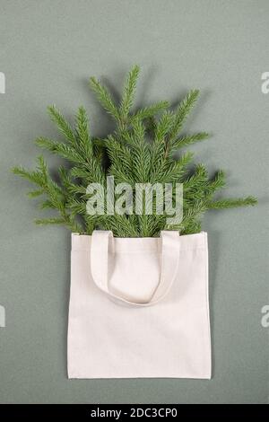 Un bouquet de branches de sapin dans un sac écologique en tissu sur fond vert. Concept respectueux de l'environnement et aucun gaspillage. Vue de dessus Flat lay. Banque D'Images