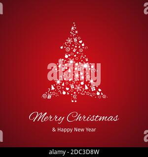 Carte de joyeux Noël, illustration vectorielle. Arbre de Noël fait de petites icônes sur fond rouge. Carte de vœux vectorielle, bannière. Illustration de Vecteur