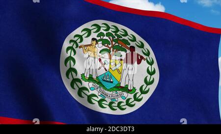 Drapeau du Belize agitant dans le vent, fond bleu ciel. rendu 3d Banque D'Images