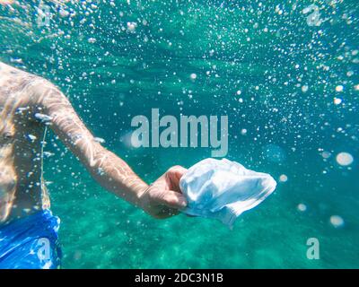 Main de l'homme collectant un masque protecteur jetable jeté dans la mer, pollution de l'océan. Déchets infectieux du coronavirus. Problème d'écosystème Banque D'Images