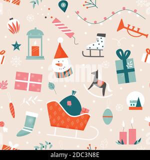 Illustration vectorielle sans couture à motif de Noël. Chaussettes de Noël plates avec cadeaux, bonhomme de neige mignon en chapeau, sucreries, baies de houx sur fond puéril des vacances d'hiver Illustration de Vecteur