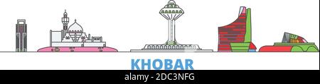 Arabie Saoudite, ligne Khobar paysage urbain, vecteur plat. Monument de la ville de voyage, illustration d'oultine, icônes du monde de ligne Illustration de Vecteur