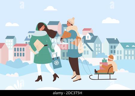 Les gens de famille marchent en ville Noël hiver ville paysage illustration vectorielle. Paysage urbain de la neige avec des personnages de mère, de père et d'enfant qui marchent et qui traîntent, tenant des cadeaux de Noël arrière-plan Illustration de Vecteur