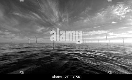 Image spectaculaire en noir et blanc d'un parc éolien offshore mer du nord Banque D'Images